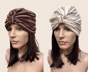 2) VTG 1950s *DEADSTOCK Cotton Knit Jersey SILVER & GOLD METALLIC Stripe TURBANS - Picture 1 of 18