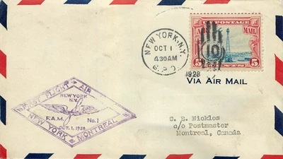 1928, Oct 1st, USA- Canada Airmail First Flight, New York - Montreal - Image 1 of 2