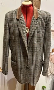 NICHOLE EARTH WOOL WOOLLEN TWEED TAN BROWN JACKET SUEDE COLLAR SIZE 16 VINTAGE - Picture 1 of 7