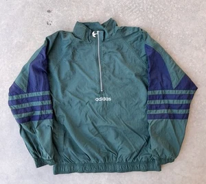 Vintage Adidas Jacket Medium Green 1/2 Zip Windbreaker Trefoil Logo Sleeve 90s - Picture 1 of 12