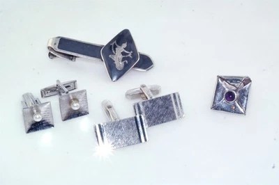 Vtg Sterling Silver Cufflinks Tie Bar Lot Siam - Image 1 of 4