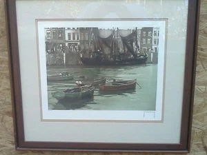 Roger Hebbelinck Boats in European City Signed Aquatint Etching Framed Belgium - Picture 1 of 4