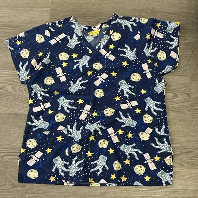 WonderWink V Neck Blue Astronaut Print Patterened Women's Scrub Top Size Large - Image 1 of 4
