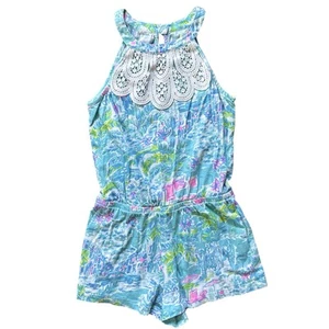 Lilly Pulitzer Blue Tropical Print with Crochet Detail Halter Shorts Romper 6/7 - Picture 1 of 3