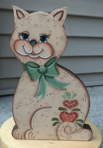 Happy Handpainted Wooden Sitting Cat Decorative Doorstop - 11 Inches Tall - Picture 1 of 4