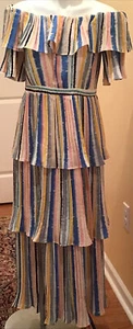 Why Dress Women’s Off Shoulder Pleated Tired Dress Striped Multi Size L Nwt - Picture 1 of 11