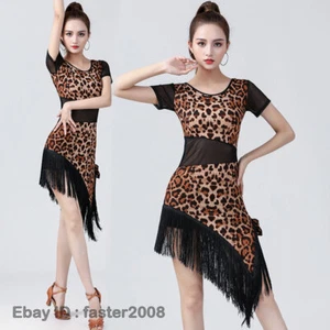 Womens Latin Round Collar Adult Leopard Tassels Dance Performance Sexy Dress HOT - Imagen 1 de 12