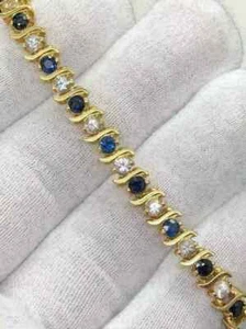 Tennis Bracelet, 14k Yellow Gold Over 6.75 Ct Blue Sapphire Round Cut CZ 7.5" - Picture 1 of 8