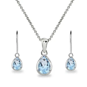 Träneblau Topas Lünette Set Silber Anhänger Halskette & Hebelrücken Ohrringe Set - Bild 1 von 3