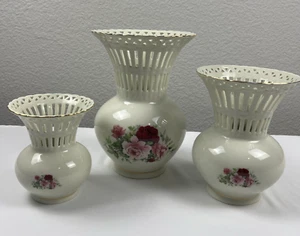 3 Stück Vintage Formalitäten von Baum Bros Porzellan Gitterwerk Vasen Rosen Goldrand - Bild 1 von 12