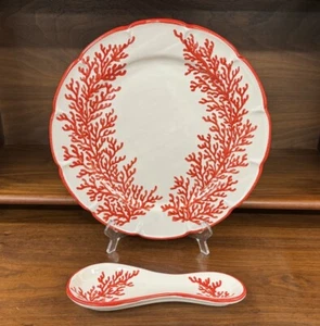 Vietri DiPinto A Mano Red Coral 12” Ceramic Platter & Spoon Rest, Italy - Picture 1 of 11