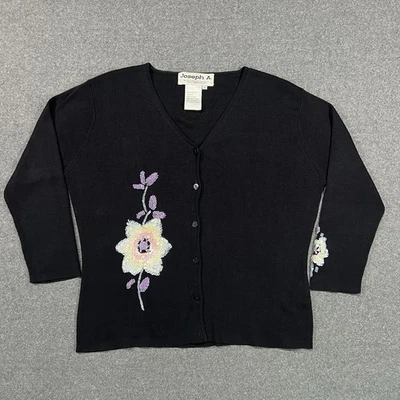 De colección Años 90 Joseph A. Cárdigan 100 % seda tejido negro floral con cuentas talla XL Foto 1 de 4