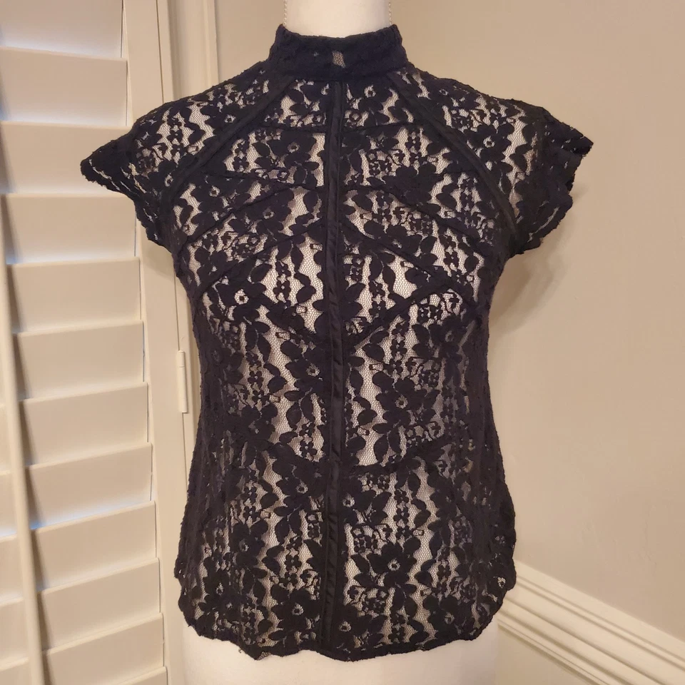 Nicole Miller Y2K Black Lace High neck Sheer Whimsy Goth Grunge Top Blouse Sz XS - Image 1 of 4