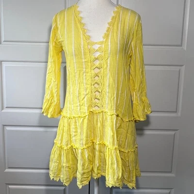 Mini Vestido Blue Island Amarillo Blanco Rayas en Niveles Borde Crochet Talla Pequeña Foto 1 de 4