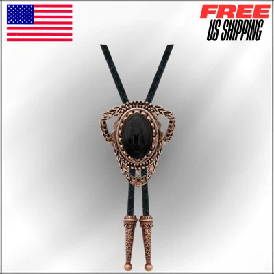 Corbata de cuero retro occidental americano vintage bolo tono oro rosa piedra negra Foto 1 de 4