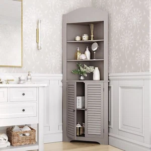 Taupe Brown Wooden Corner Linen Tower Storage Cabinet Tall Organizer Bath Towels - Picture 1 of 9