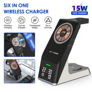 6 IN 1 Wireless Charger Charging Dock Clock/Alarm for iPhone 13 Pro Max 16 - Photo 1 sur 12
