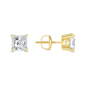 1/2 Ct Princess Created Diamond Earrings Studs Real 14K Yellow Gold Basket Screw - Picture 1 of 3