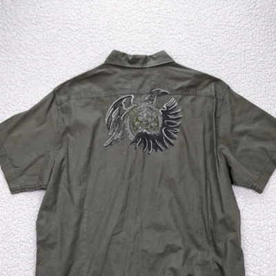 Guess Men XL Olive Green Biker Tattoo Embroider Distress Button Shirt - Image 1 of 4