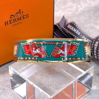 Brazalete Brazalete Hermes Paris Esmalte Verde Pájaro Borde Dorado Talla 65 con Caja Foto 1 de 4