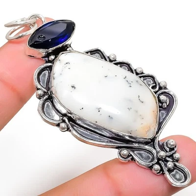 Dendritiche Opale, Topazio Gemma 925 Argento Sterling Ciondolo Gioielli 7.3cm - Immagine 1 di 4