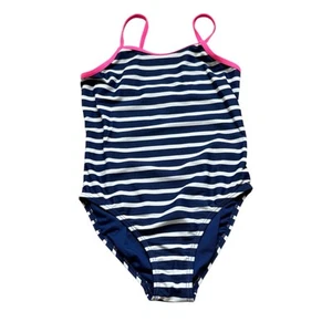 Girls M 8 Old Navy Blue White Stripe Pink Trim One Piece Swimsuit - Picture 1 of 2