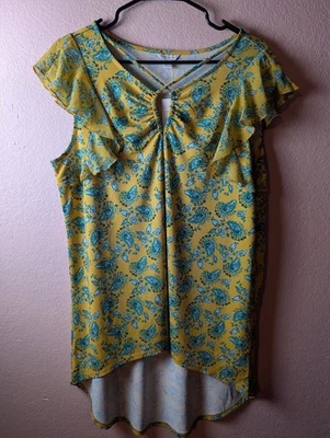 CATO Blusa Túnica Sin Mangas con Gorra Transparente Amarilla con Azul Paisley Talla Grande Foto 1 de 4