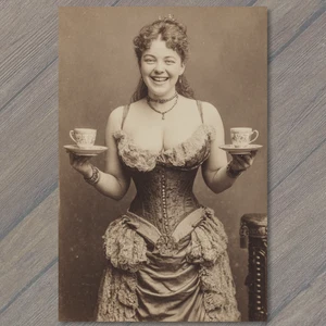 Art Print Victorian Woman Corset Holding Tea Cups Sepia Antique Humor - Picture 1 of 1