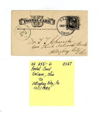 US Cover Scott # UX5 - Used - Salem, Ohio to Alleghey City, PA       (6-C257) - Image 1 of 3