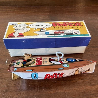 POPEYE TIN 速船-带原装 盒子-复古风格玩具船-上发条锡船 — 第 1/4 张图片