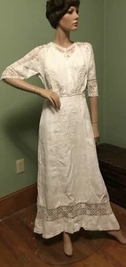 Antique Edwardian White Linen/Lawn Irish Crochet/Lace/Cut Work Tea DRESS - Picture 1 of 12