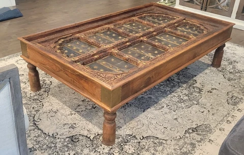 ANTIQUE HEAVILY CARVED WOOD INDIAN MOROCCAN DOOR COFFEE TABLE BRASS MOUNTS 87x38 Cover