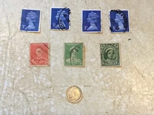 WW1  SILVER 1916 UK 3p PENCE King George Coin 7 STAMP 1936 2D Elizabeth 1944 lot - Picture 1 of 4