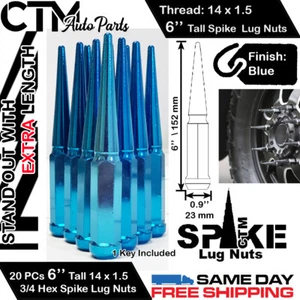 20 PCS 6'' BLUE 14X1.5 SPIKE LUG NUT +KEY FOR FORD F-150/EXPEDITION/EDGE MORE - Picture 1 of 2