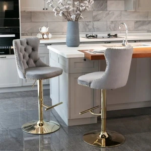 AADEN Lorah 2x Height Adjustable Swivel Bar Stool Velvet Stud Golden Base Chairs - Picture 1 of 48