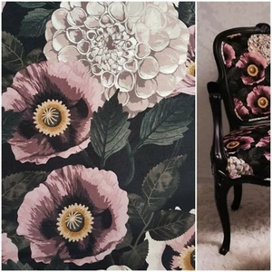 Printed Velour Velvet Upholstery Fabric 355g/m2 Dahlia flowers pink poppies - Picture 1 of 10