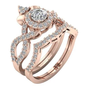 Designer Bridal Ring Set VS F 1.40 Ct Lab Grown Round Cut Diamond 10K Rose Gold - Picture 1 of 8