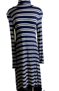Anthropologie Maeve Navy Striped Turtleneck Long Sleeve Swing Dress Size Small - Picture 1 of 14