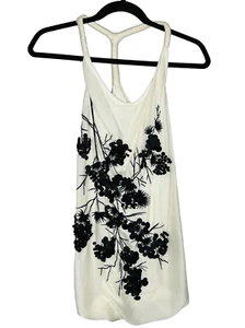 Robert Rodriguez schwarzes Etikett cremefarbene Seide Racerback schwarz Blumenstickerei Perlen - Bild 1 von 5
