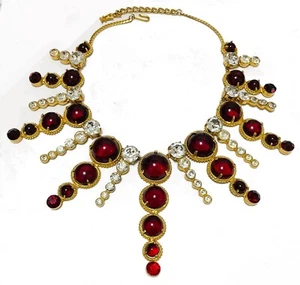 RARE VINTAGE SIGNED MOSELL RED Cabs & CLEAR Crystals GOLD BIB NECKLACE - SUPERB! - Picture 1 of 6