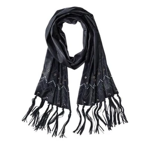 Ladies Brushed Suede Studded Fringed Scarf with Grommets - 18" W x 65" L -Black - Picture 1 of 1