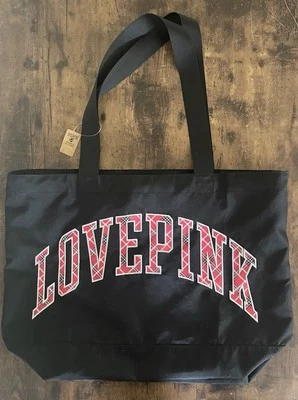 Pink Victoria's Secret Plaid Love Pink 100% Polyester Zip Closure Tote Bag Black - Image 1 of 4