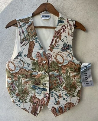 Nuevo con etiquetas Chaleco Espejos Vintage Mujer Pequeño Antiguo Frontera Occidental Vaquero Tapiz EE. UU. Foto 1 de 4