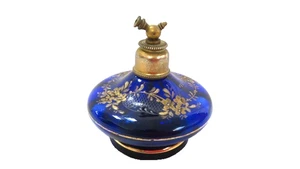 Antica bottiglia profumo vetro blu cobalto dipinto a mano oro floreale - Foto 1 di 3