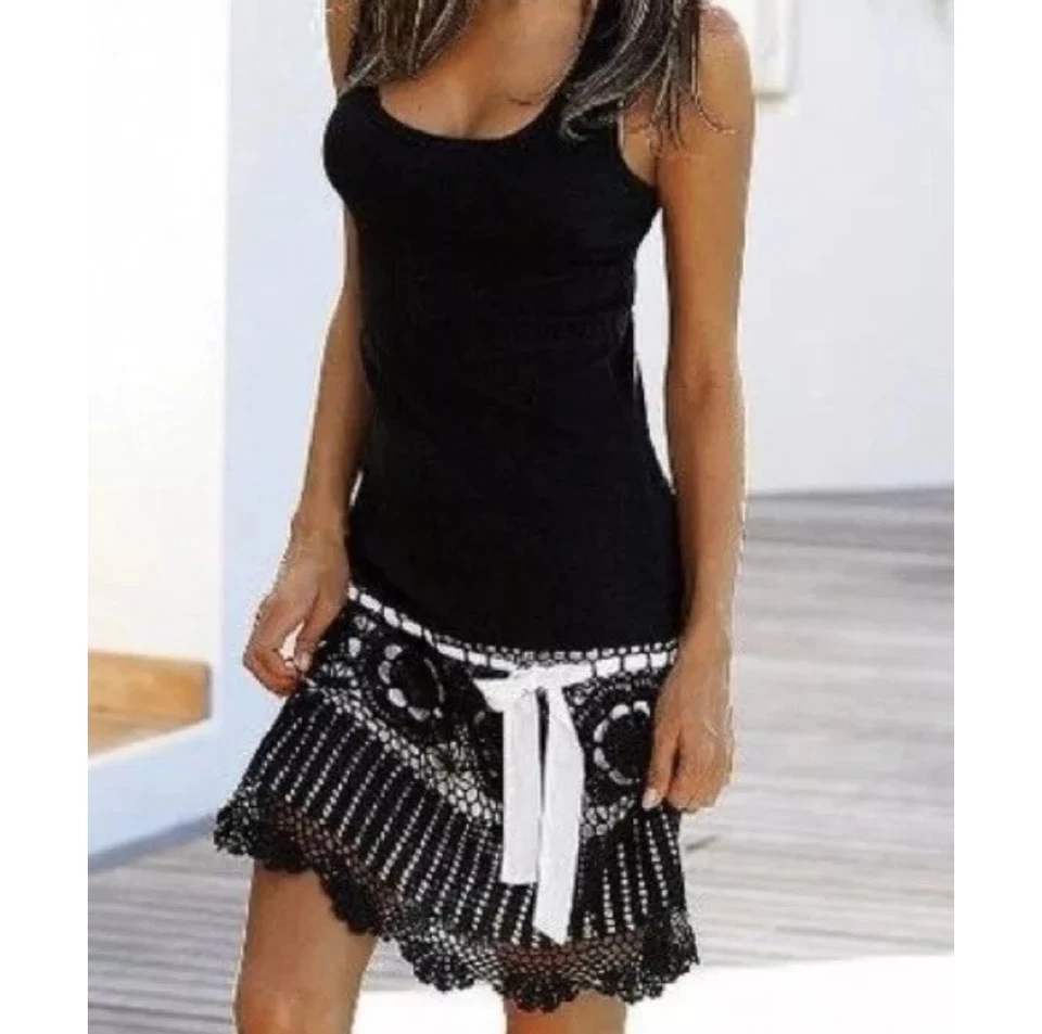 Moda International Knit Racer Back Tank Dress Crochet Skirt Black Victoria’s XS - Image 1 of 4