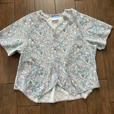 Vintage Crest Pastel Butterfly Floral Button Down Short Sleeved Scrub Top sz XL - Image 1 of 4