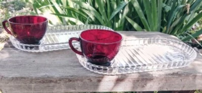 Set Of 2 Serva-Snack Sets Oval Ribbed Crystal Trays Ruby Red Cups Anchor Hocking - Image 1 of 4