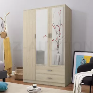 3 Door Wardrobe Oak Mirrored Dresser Cabinet with Large Drawers Shelves Hanging - Picture 1 of 11