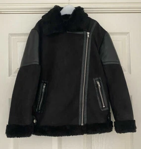 Next Girls Biker Jacket Black Faux Suede Fleece Lined Age 9 - Picture 1 of 5