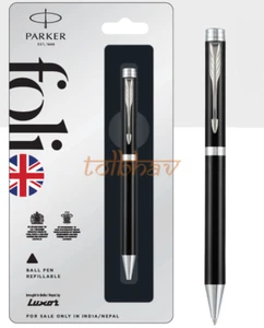 Parker Folio Standard Ball Point Pen Chrome Trim Black Body Fine Nib Blue Ink BP - Picture 1 of 6